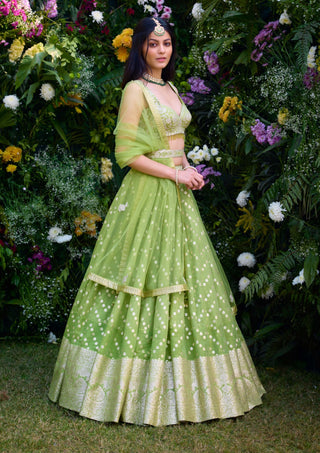 Irish Green Embroidered Lehenga Set by Shyam Narayan Prasad, available on Indiaspopup.com