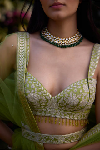 Irish Green Embroidered Lehenga Set by Shyam Narayan Prasad, available on Indiaspopup.com