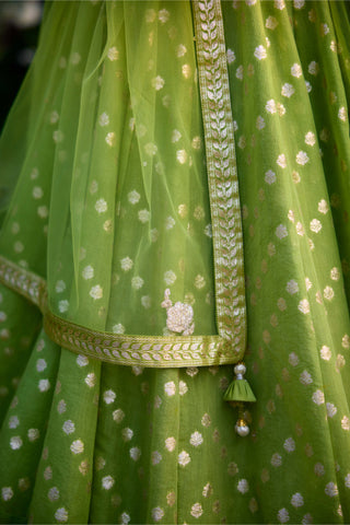 Irish Green Embroidered Lehenga Set by Shyam Narayan Prasad, available on Indiaspopup.com