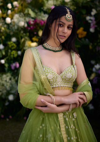 Irish Green Embroidered Lehenga Set by Shyam Narayan Prasad, available on Indiaspopup.com