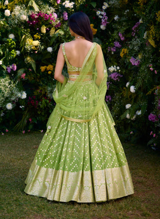 Irish Green Embroidered Lehenga Set by Shyam Narayan Prasad, available on Indiaspopup.com