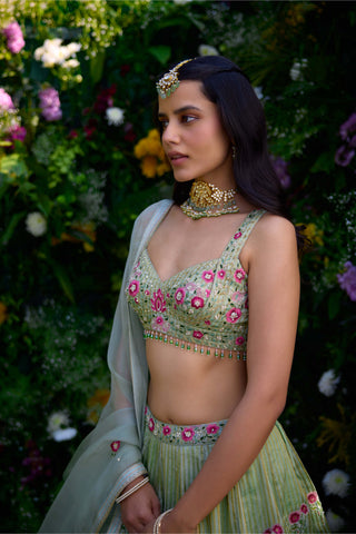 Smoke Green Printed Lehenga Set by Shyam Narayan Prasad, available on Indiaspopup.com