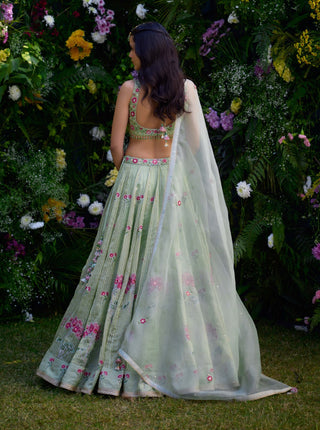 Smoke Green Printed Lehenga Set by Shyam Narayan Prasad, available on Indiaspopup.com