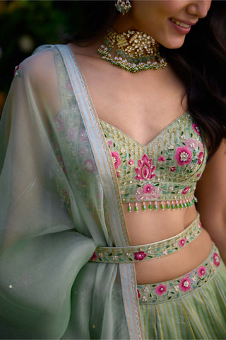 Smoke Green Printed Lehenga Set by Shyam Narayan Prasad, available on Indiaspopup.com