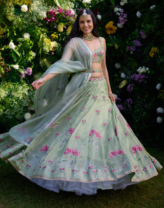 Smoke Green Printed Lehenga Set by Shyam Narayan Prasad, available on Indiaspopup.com