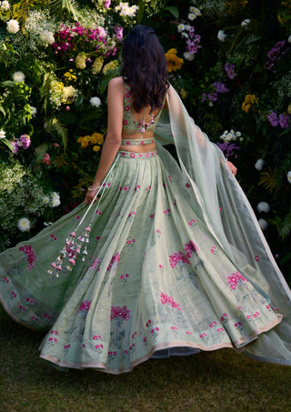 Smoke Green Printed Lehenga Set by Shyam Narayan Prasad, available on Indiaspopup.com