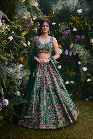 Deep Forest Green Lehenga Set by Shyam Narayan Prasad, available on Indiaspopup.com