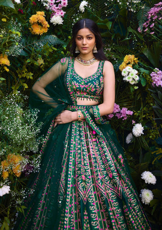 Deep Forest Green Lehenga Set by Shyam Narayan Prasad, available on Indiaspopup.com