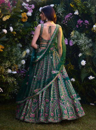 Deep Forest Green Lehenga Set by Shyam Narayan Prasad, available on Indiaspopup.com