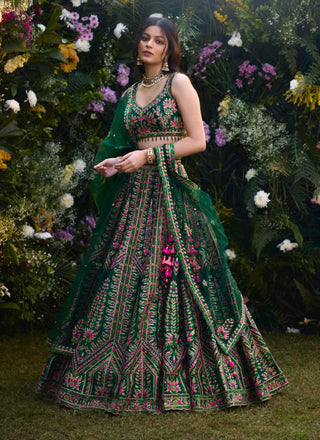 Deep Forest Green Lehenga Set by Shyam Narayan Prasad, available on Indiaspopup.com