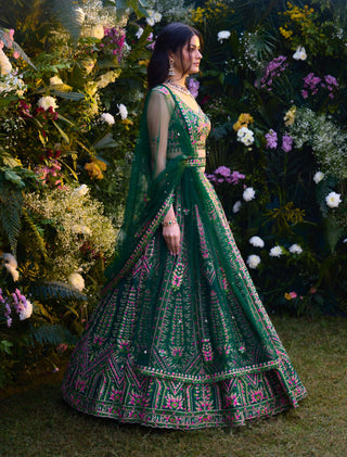 Deep Forest Green Lehenga Set by Shyam Narayan Prasad, available on Indiaspopup.com