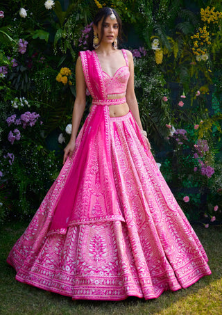 Fuchsia Pink Embroidered Lehenga Set by Shyam Narayan Prasad, available on Indiaspopup.com