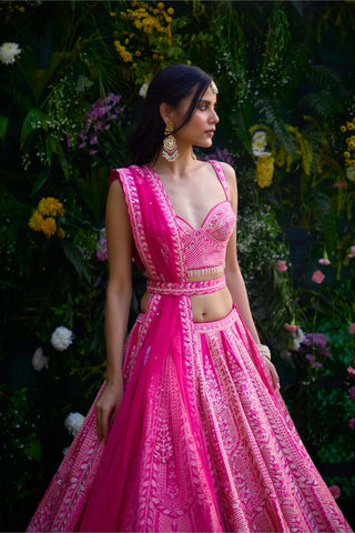 Fuchsia Pink Embroidered Lehenga Set by Shyam Narayan Prasad, available on Indiaspopup.com