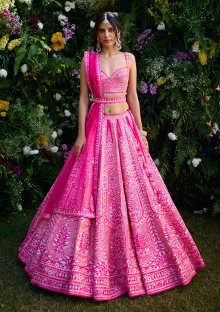 Fuchsia Pink Embroidered Lehenga Set by Shyam Narayan Prasad, available on Indiaspopup.com