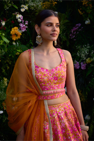 Apricot Orange Lehenga Set by Shyam Narayan Prasad, available on Indiaspopup.com