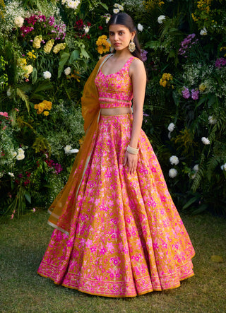 Apricot Orange Lehenga Set by Shyam Narayan Prasad, available on Indiaspopup.com