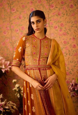 Amber Mustrad Yellow Anarkali Set by Shyam Narayan Prasad available on Indiaspopup.com