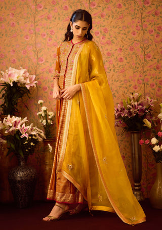 Amber Mustrad Yellow Anarkali Set by Shyam Narayan Prasad available on Indiaspopup.com