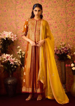 Amber Mustrad Yellow Anarkali Set by Shyam Narayan Prasad available on Indiaspopup.com