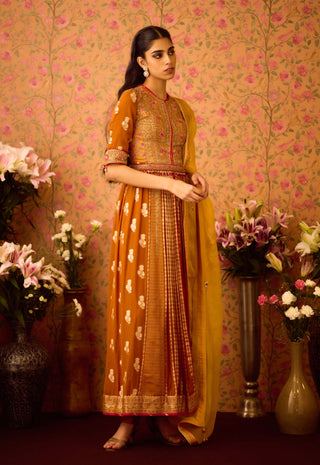 Amber Mustrad Yellow Anarkali Set by Shyam Narayan Prasad available on Indiaspopup.com