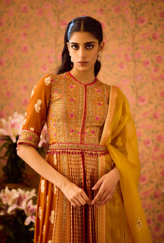 Amber Mustrad Yellow Anarkali Set by Shyam Narayan Prasad available on Indiaspopup.com