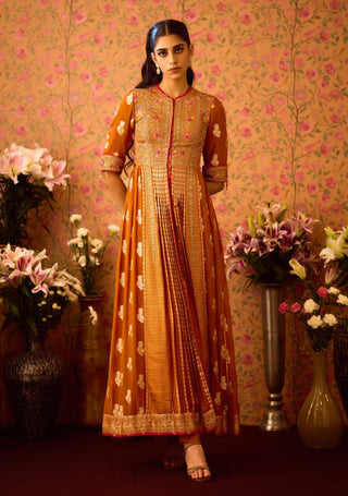 Amber Mustrad Yellow Anarkali Set by Shyam Narayan Prasad available on Indiaspopup.com