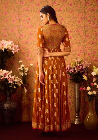 Amber Mustrad Yellow Anarkali Set by Shyam Narayan Prasad available on Indiaspopup.com