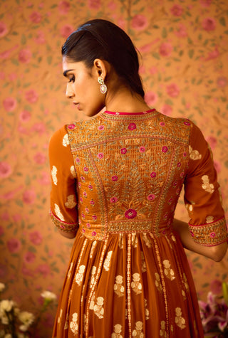 Amber Mustrad Yellow Anarkali Set by Shyam Narayan Prasad available on Indiaspopup.com