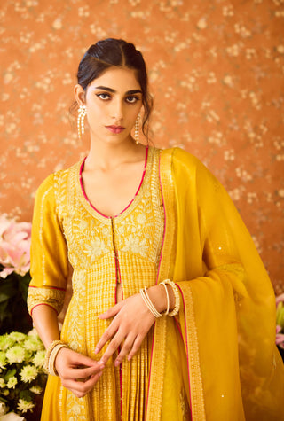 Gold Yellow Mustard Anarkali Set by Shyam Narayan Prasad available on Indiaspopup.com