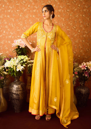 Gold Yellow Mustard Anarkali Set by Shyam Narayan Prasad available on Indiaspopup.com