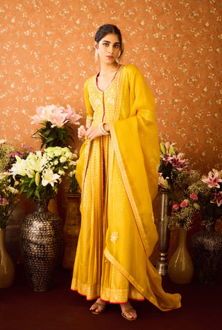 Gold Yellow Mustard Anarkali Set by Shyam Narayan Prasad available on Indiaspopup.com