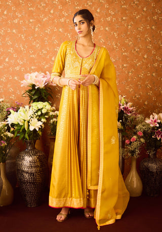 Gold Yellow Mustard Anarkali Set by Shyam Narayan Prasad available on Indiaspopup.com