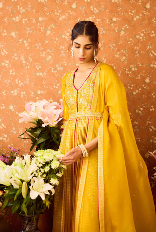 Gold Yellow Mustard Anarkali Set by Shyam Narayan Prasad available on Indiaspopup.com