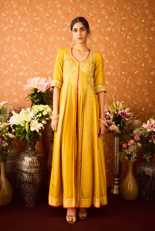 Gold Yellow Mustard Anarkali Set by Shyam Narayan Prasad available on Indiaspopup.com