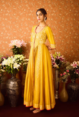 Gold Yellow Mustard Anarkali Set by Shyam Narayan Prasad available on Indiaspopup.com