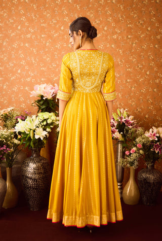 Gold Yellow Mustard Anarkali Set by Shyam Narayan Prasad available on Indiaspopup.com