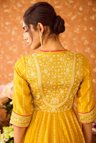 Gold Yellow Mustard Anarkali Set by Shyam Narayan Prasad available on Indiaspopup.com