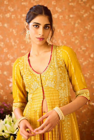 Gold Yellow Mustard Anarkali Set by Shyam Narayan Prasad available on Indiaspopup.com