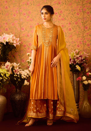 Amber Glow Yellow Mustard Kurta And Flared Pant Set by Shyam Narayan Prasad available on Indiaspopup.com