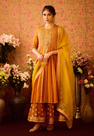 Amber Glow Yellow Mustard Kurta And Flared Pant Set by Shyam Narayan Prasad available on Indiaspopup.com