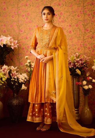 Amber Glow Yellow Mustard Kurta And Flared Pant Set by Shyam Narayan Prasad available on Indiaspopup.com