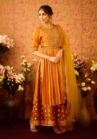 Amber Glow Yellow Mustard Kurta And Flared Pant Set by Shyam Narayan Prasad available on Indiaspopup.com