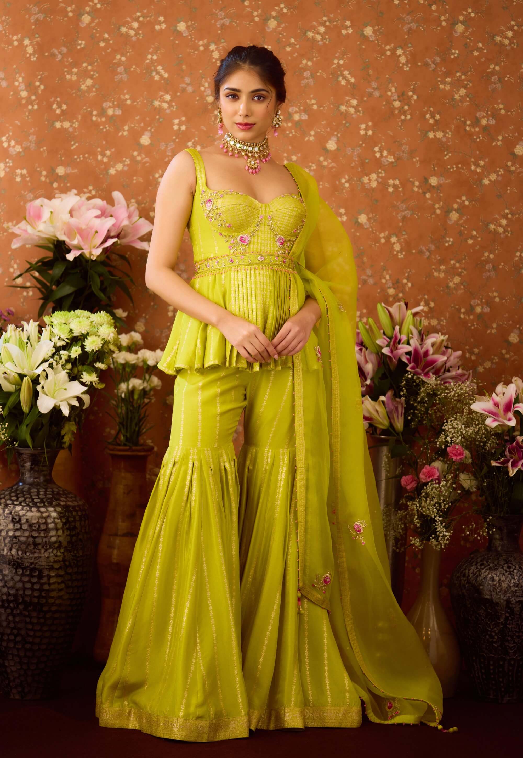 Shyam Narayan Prasad Lime Green Sharara Set | Indiaspopup.com S Shyam Narayan Prasad Lime Green Sharara Set | Indiaspopup.com S