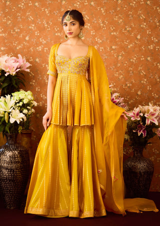 Gold Yellow Mustard Kurta Sharara Set by Shyam Narayan Prasad available on Indiaspopup.com