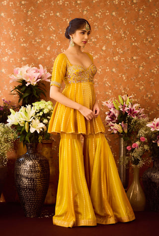 Gold Yellow Mustard Kurta Sharara Set by Shyam Narayan Prasad available on Indiaspopup.com