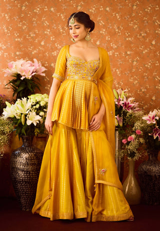 Gold Yellow Mustard Kurta Sharara Set by Shyam Narayan Prasad available on Indiaspopup.com