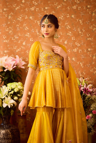 Gold Yellow Mustard Kurta Sharara Set by Shyam Narayan Prasad available on Indiaspopup.com