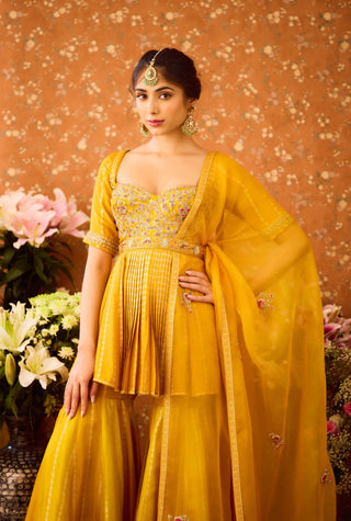 Gold Yellow Mustard Kurta Sharara Set by Shyam Narayan Prasad available on Indiaspopup.com