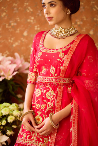 Raspberry Red Maroon Kurta Lehenga Set by Shyam Narayan Prasad available on Indiaspopup.com