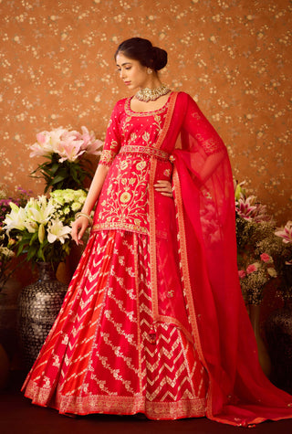 Raspberry Red Maroon Kurta Lehenga Set by Shyam Narayan Prasad available on Indiaspopup.com